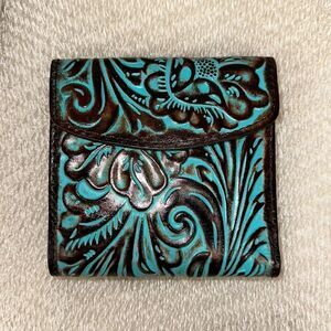 Patricia Nash Reiti RFID Tooled Floral Turquoise Brown Leather Folded Wallet